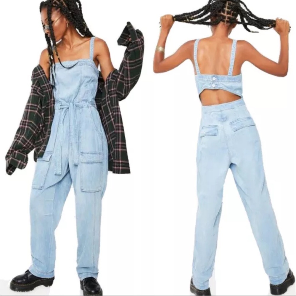 Free People Go West Utility Cargo Jumpsuit Overalls Cotton Linen
